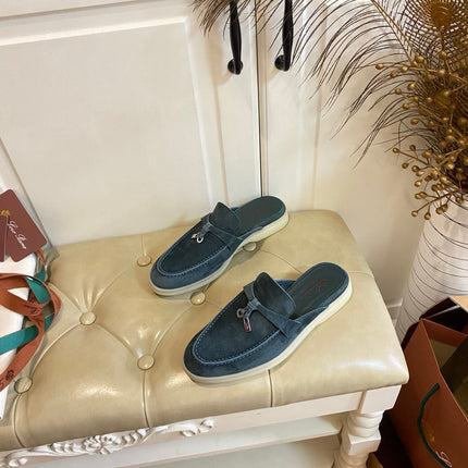 LP 26S LOCK CHARM MULES IN SLATE BLUE SUEDE GOLD HARDWARE