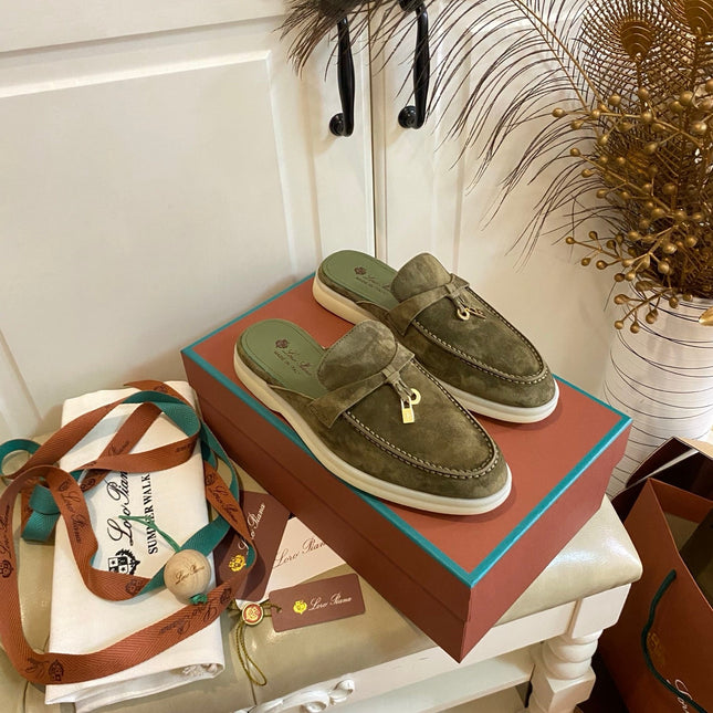 LP 26S LOCK CHARM MULES IN DARK OLIVE GREEN SUEDE GOLD HARDWARE