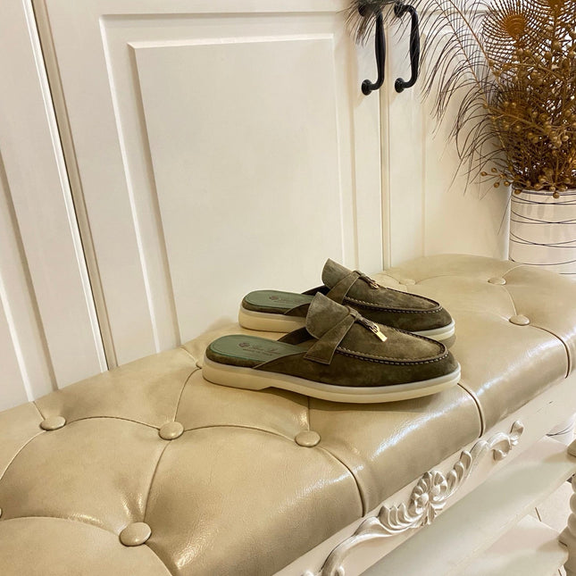 LP 26S LOCK CHARM MULES IN DARK OLIVE GREEN SUEDE GOLD HARDWARE