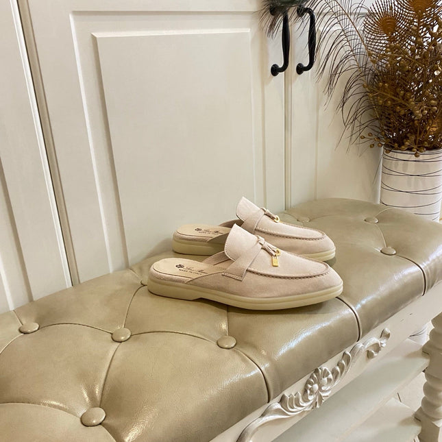 LP 26S LOCK CHARM MULES IN BEIGE SUEDE GOLD HARDWARE