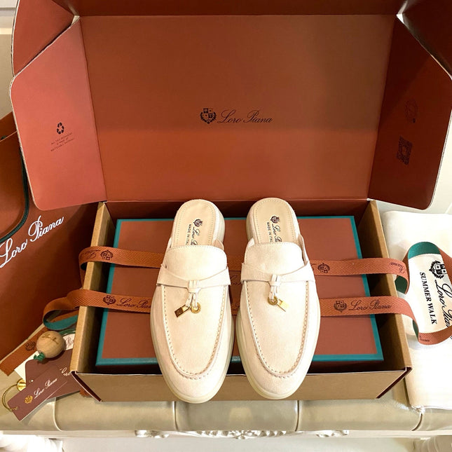 LP 26S LOCK CHARM MULES IN BEIGE SUEDE GOLD HARDWARE