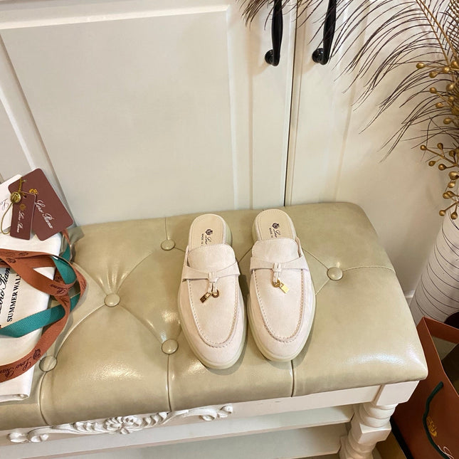 LP 26S LOCK CHARM MULES IN BEIGE SUEDE GOLD HARDWARE