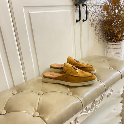 LP 26S LOCK CHARM MULES IN HONEY YELLOW SUEDE GOLD HARDWARE