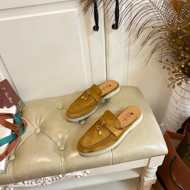 LP 26S LOCK CHARM MULES IN HONEY YELLOW SUEDE GOLD HARDWARE