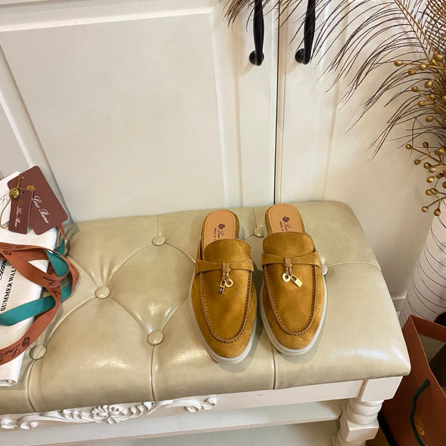 LP 26S LOCK CHARM MULES IN HONEY YELLOW SUEDE GOLD HARDWARE