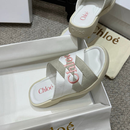 CHLOE 26S FLAT SLIDES IN WHITE & GREIGE CANVAS 