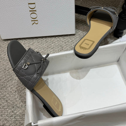 DIOR 26S FLAT MULES IN DARK GREY QUILTED LAMBSKIN SILVER HARDWARE
