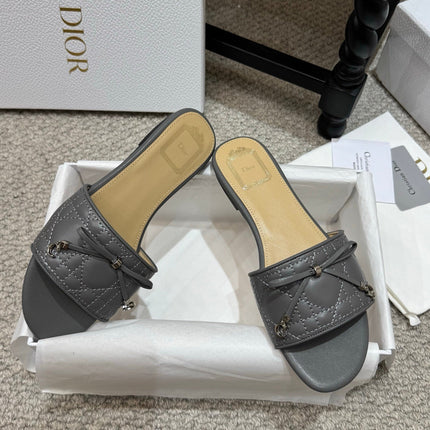 DIOR 26S FLAT MULES IN DARK GREY QUILTED LAMBSKIN SILVER HARDWARE