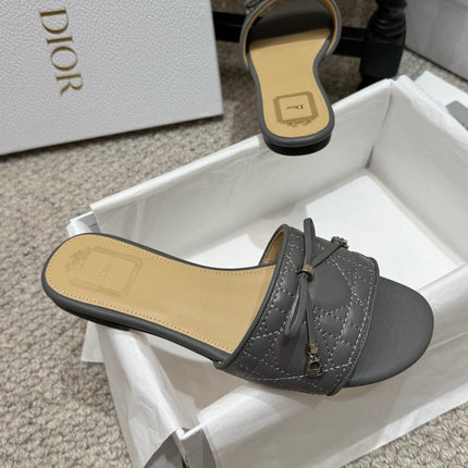 DIOR 26S FLAT MULES IN DARK GREY QUILTED LAMBSKIN SILVER HARDWARE