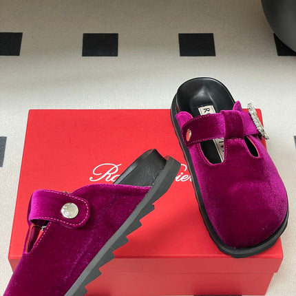 ROGER VIVIER 25S VIV' RANGERS MULES IN DARK MAGENTA VELVET EMBELLISHED CRYSTALS
