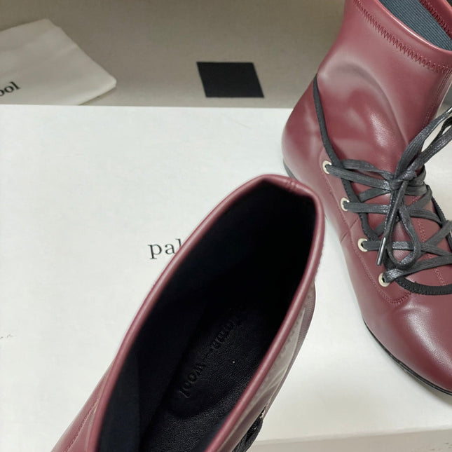 ALO 25S PALOMA WOOL FLAT ANKLE BOOTS IN DEEP RED LAMBSKIN