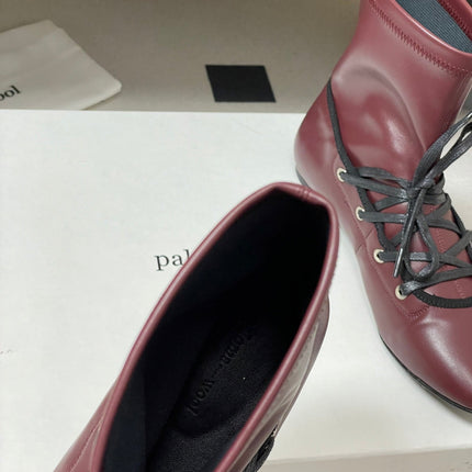 ALO 25S PALOMA WOOL FLAT ANKLE BOOTS IN DEEP RED LAMBSKIN