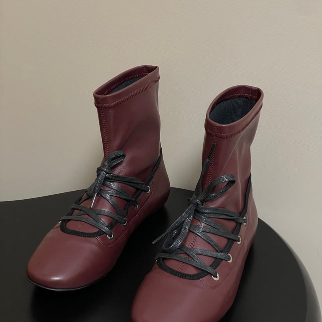 ALO 25S PALOMA WOOL FLAT ANKLE BOOTS IN DEEP RED LAMBSKIN