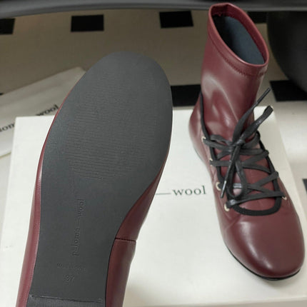ALO 25S PALOMA WOOL FLAT ANKLE BOOTS IN DEEP RED LAMBSKIN