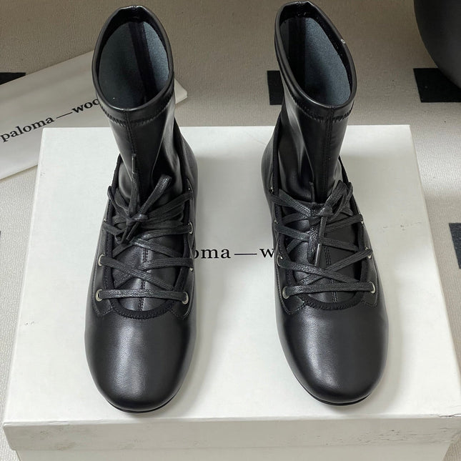 ALO 25S PALOMA WOOL FLAT ANKLE BOOTS IN BLACK LAMBSKIN