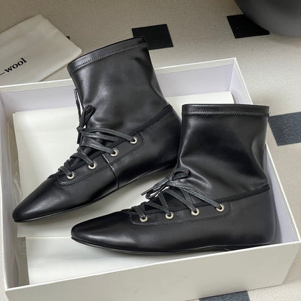 ALO 25S PALOMA WOOL FLAT ANKLE BOOTS IN BLACK LAMBSKIN