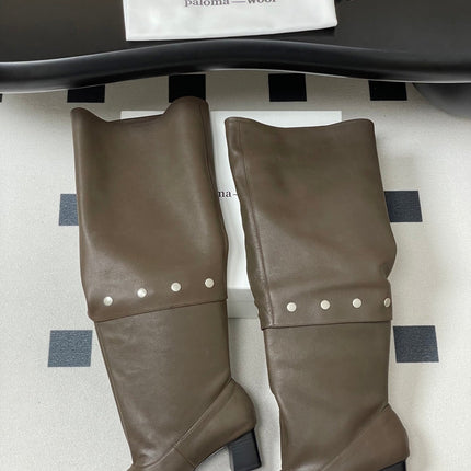 ALO 25S PALOMA WOOL TIERED BOOTS IN DARK BROWN LAMBSKIN WITH STUD