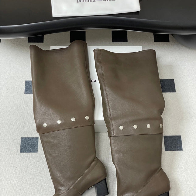 ALO 25S PALOMA WOOL TIERED BOOTS IN DARK BROWN LAMBSKIN WITH STUD