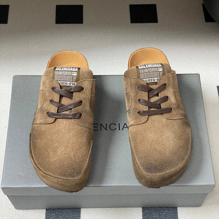 BALENCIAGA 25S MULES BIRKENSTOCK IN CARAMEL BROWN SUEDE