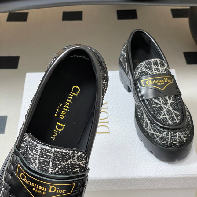 DIOR 25S BOY PLATFORM LOAFERS IN BLACK MIX WHITE TWEED AND LAMBSKIN