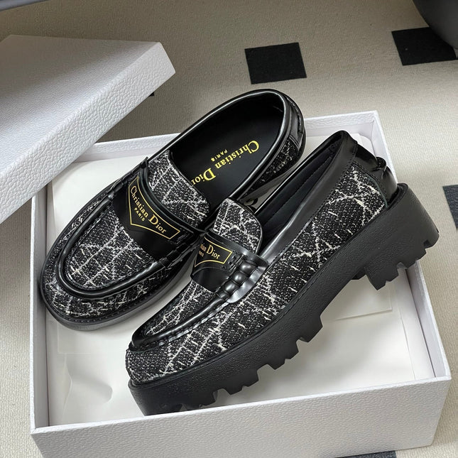 DIOR 25S BOY PLATFORM LOAFERS IN BLACK MIX WHITE TWEED AND LAMBSKIN