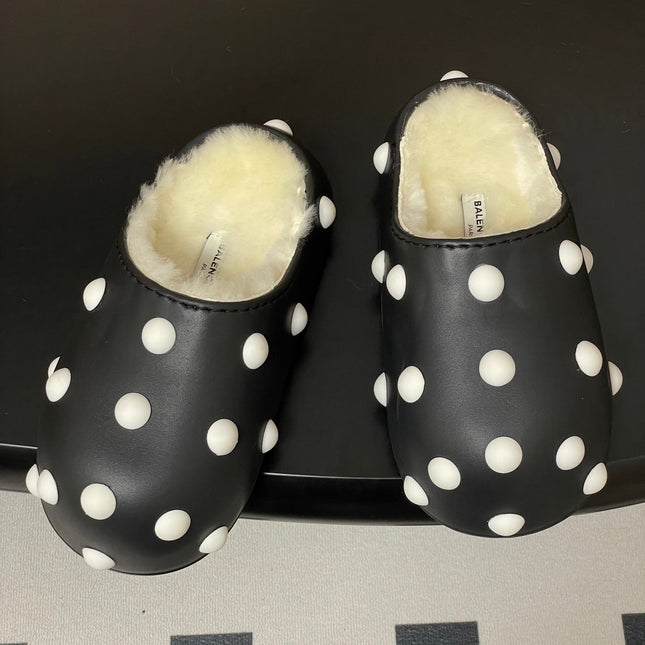 BALENCIAGA 25S FUR-LINED MULES IN BLACK AND WHITE FAUX LEATHER