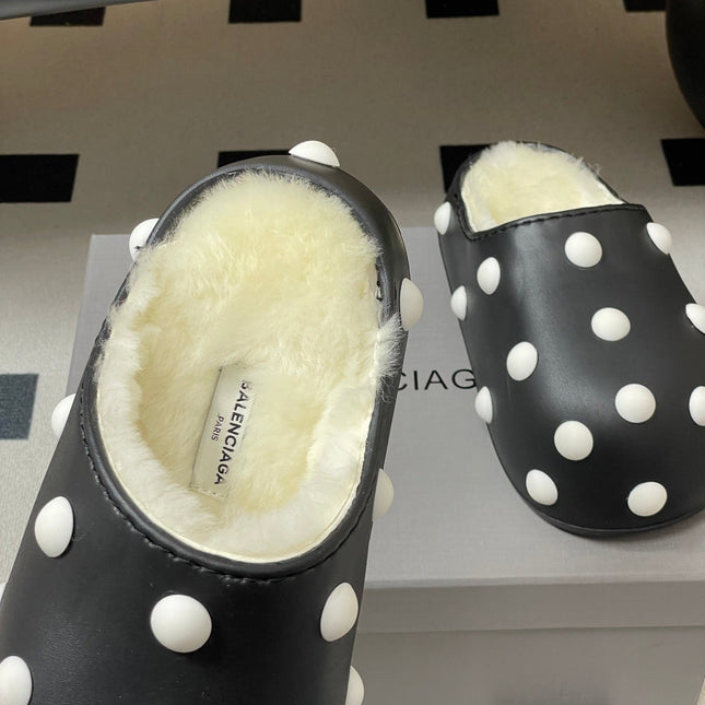 BALENCIAGA 25S FUR-LINED MULES IN BLACK AND WHITE FAUX LEATHER
