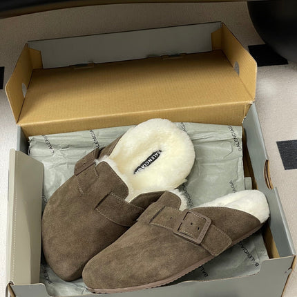 BALENCIAGA 25S FUR-LINED MULES IN DARK EARTH BROWN FAUX LEATHER