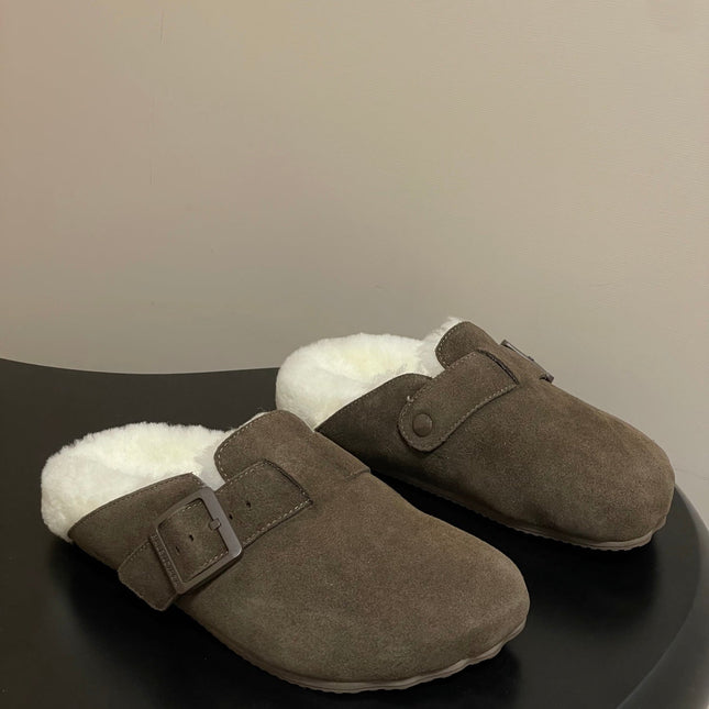 BALENCIAGA 25S FUR-LINED MULES IN DARK EARTH BROWN FAUX LEATHER