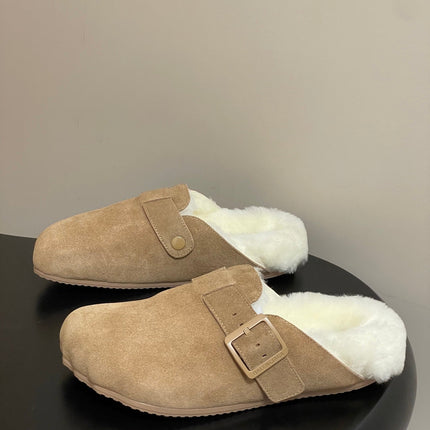 BALENCIAGA 25S FUR-LINED MULES IN LIGHT BROWN FAUX LEATHER