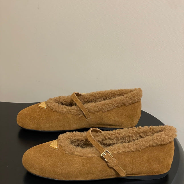 PRADA 25S MARY JANE FLATS IN DARK WALNUT BROWN SUEDE WITH GOLD HARDWARE