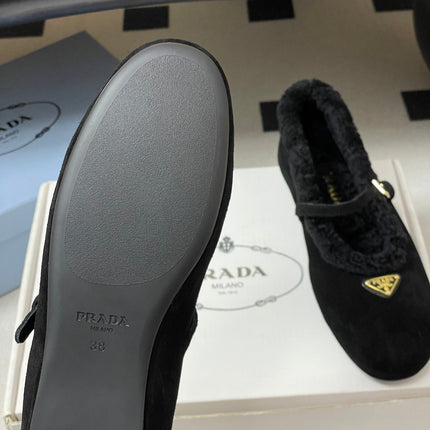 PRADA 25S MARY JANE FLATS IN BLACK SUEDE WITH GOLD HARDWARE