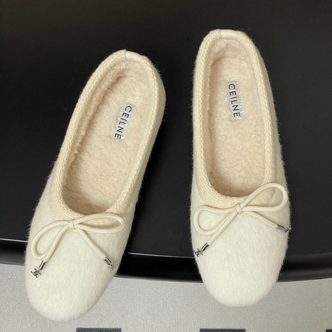 CELINE 26S BALLET FLATS IN WHITE WOOL WITH BOW STYLE 2
