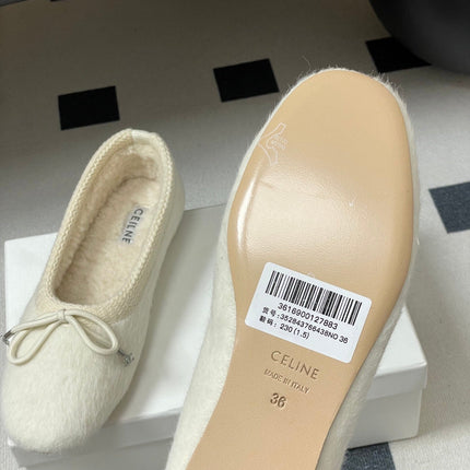 CELINE 26S BALLET FLATS IN CREAM WHITE WOOL WITH BOW