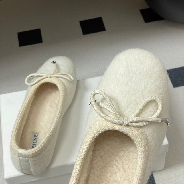 CELINE 26S BALLET FLATS IN CREAM WHITE WOOL WITH BOW