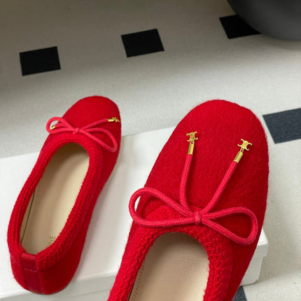 CELINE 26S BALLET FLATS IN RED WOOL WITH BOW