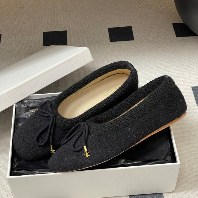 CELINE 26S BALLET FLATS IN BLACK WOOL WITH BOW