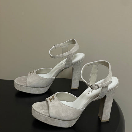CHANEL 26S HIGH HEEL SANDALS 120 MM IN CREAM BEIGE SUEDE