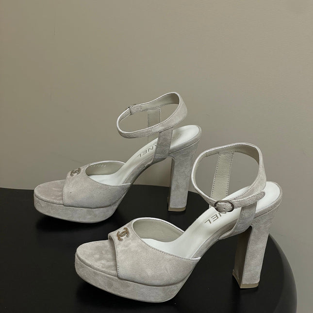 CHANEL 26S HIGH HEEL SANDALS 120 MM IN CREAM BEIGE SUEDE
