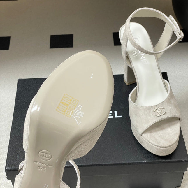 CHANEL 26S HIGH HEEL SANDALS 120 MM IN CREAM BEIGE SUEDE