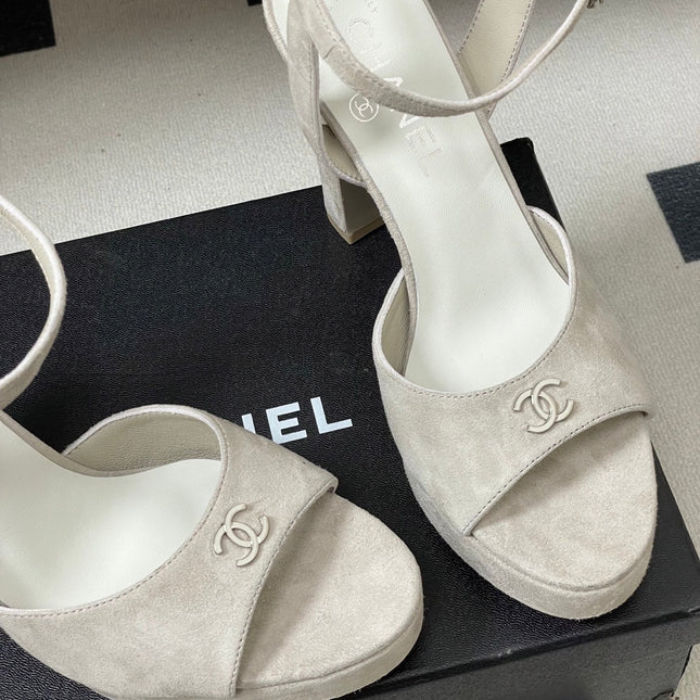 CHANEL 26S HIGH HEEL SANDALS 120 MM IN CREAM BEIGE SUEDE