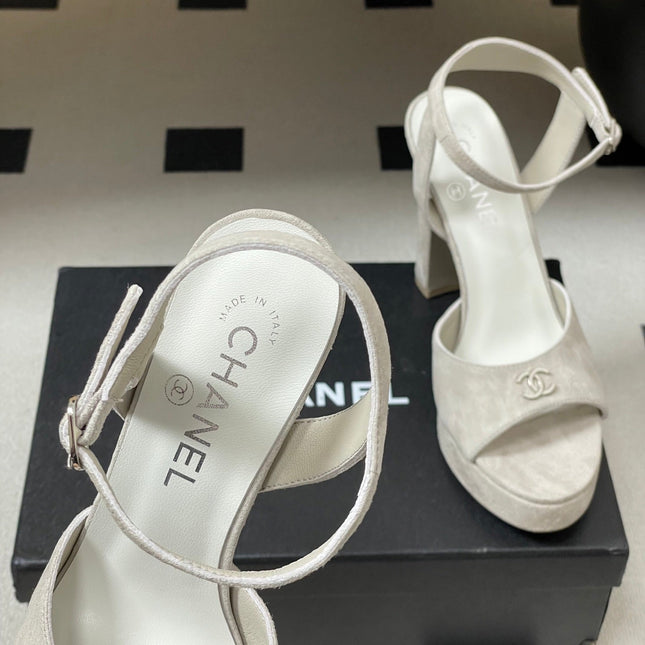CHANEL 26S HIGH HEEL SANDALS 120 MM IN CREAM BEIGE SUEDE