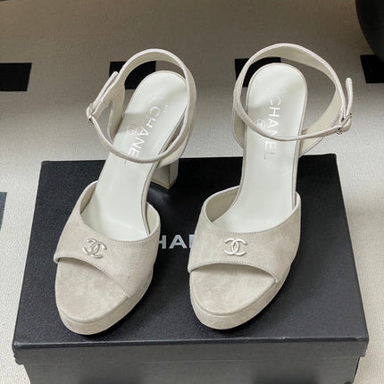 CHANEL 26S HIGH HEEL SANDALS 120 MM IN CREAM BEIGE SUEDE