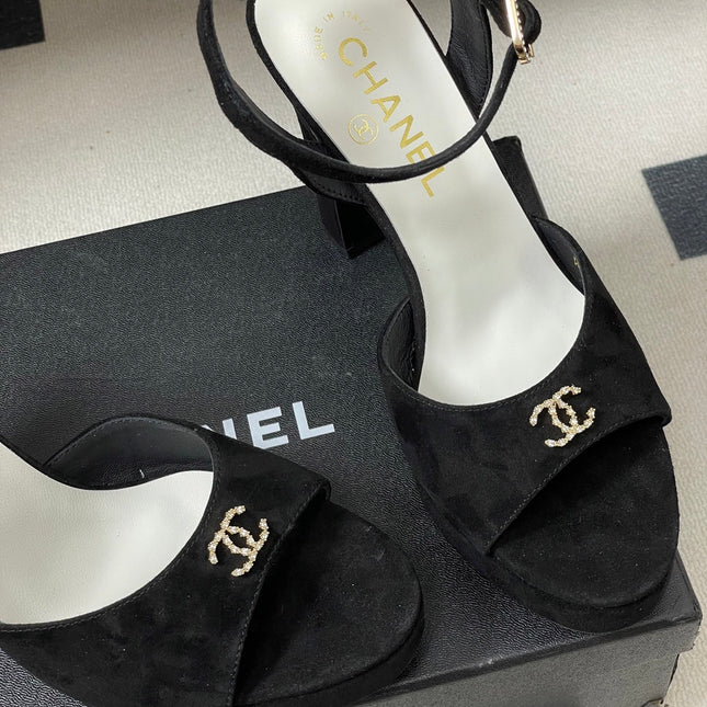 CHANEL 26S HIGH HEEL SANDALS 120 MM IN BLACK SUEDE