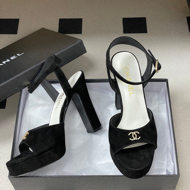 CHANEL 26S HIGH HEEL SANDALS 120 MM IN BLACK SUEDE