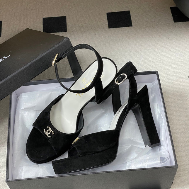 CHANEL 26S HIGH HEEL SANDALS 120 MM IN BLACK SUEDE