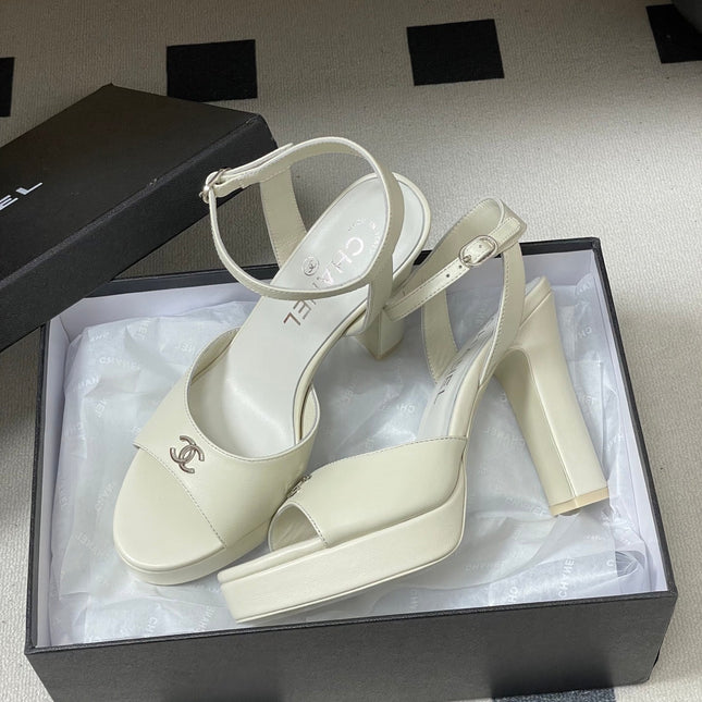 CHANEL 26S HIGH HEEL SANDALS 120 MM IN CREAM WHITE LAMBSKIN