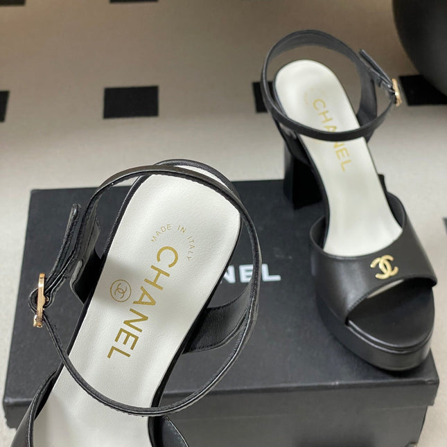 CHANEL 26S HIGH HEEL SANDALS 120 MM IN BLACK LAMBSKIN