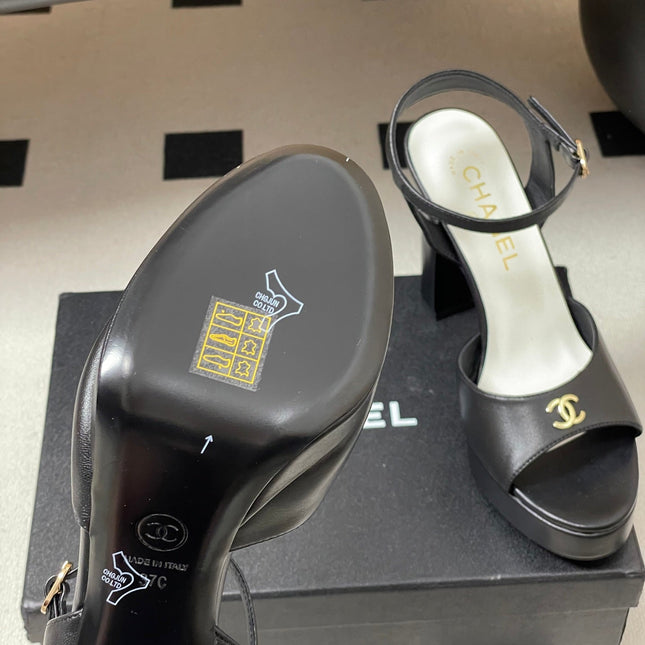 CHANEL 26S HIGH HEEL SANDALS 120 MM IN BLACK LAMBSKIN
