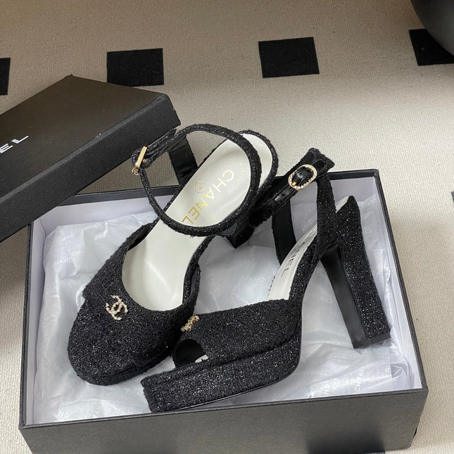 CHANEL 26S HIGH HEEL SANDALS 120 MM IN BLACK TWEED